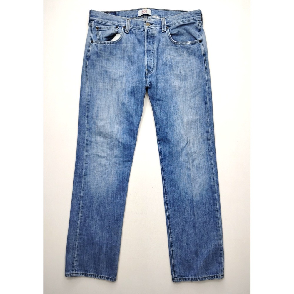 Levis 501 Original Button Fly‎ Jeans Mens 34x32 Light Wash Blue Faded Y2K Denim